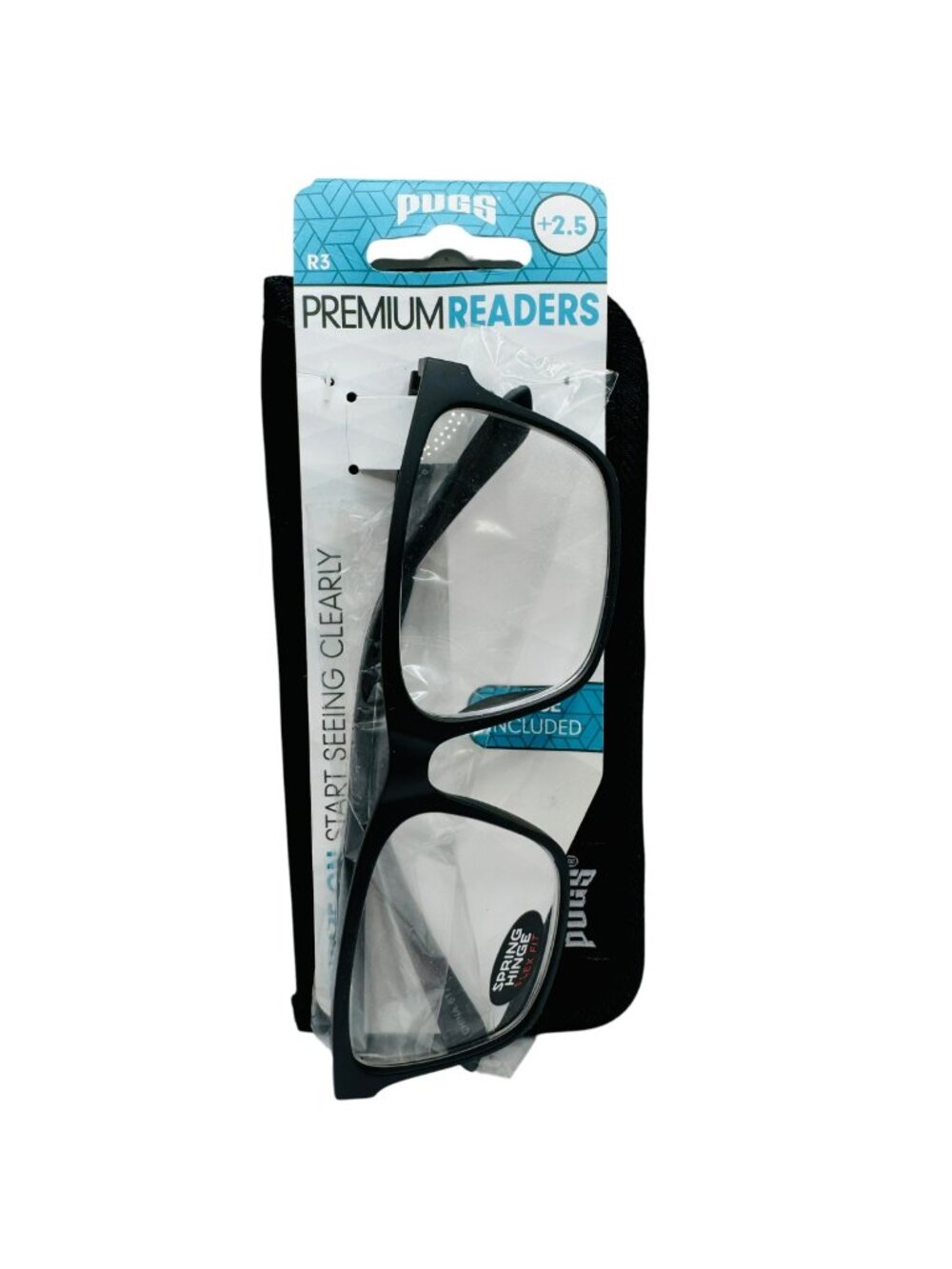 Pugs Premium Readers +2.5 Black Rectangular Spring Hinge Flex Fit Glasses With C